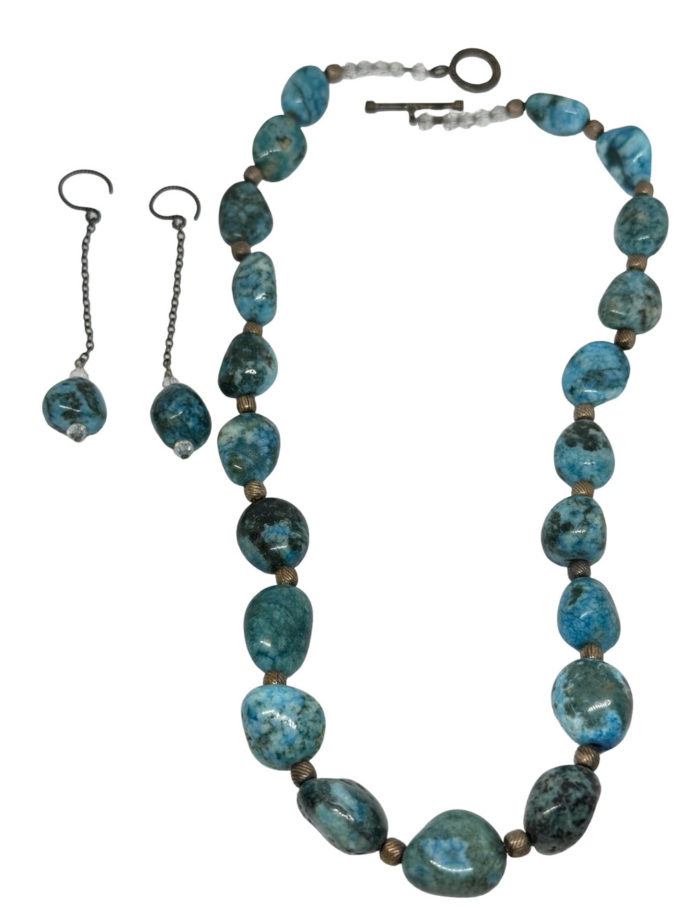 Sterling Silver Blue Dyed Turquoise Bead Necklace and Drop Earrings Set